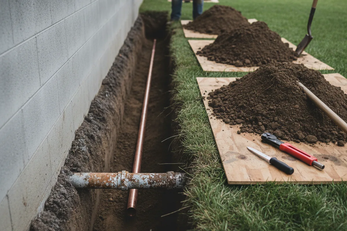 Excavated water line trench during Sewer Line Repair in Galvin